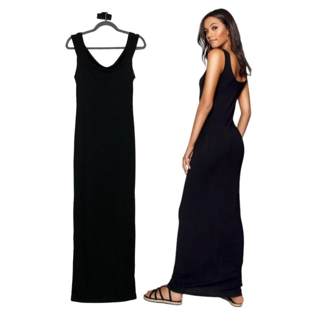 boohoo Solid Black Cowl Neck slinky full length Maxi Dress size 12